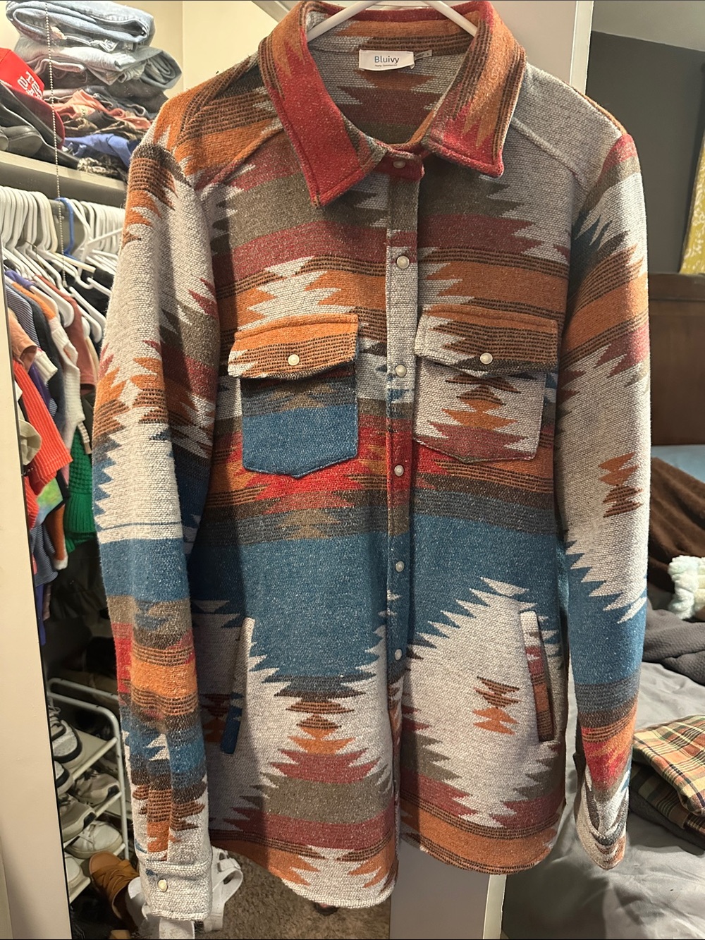 Bluivy Southwestern Patterned Coat in Blue, Rust, Gray